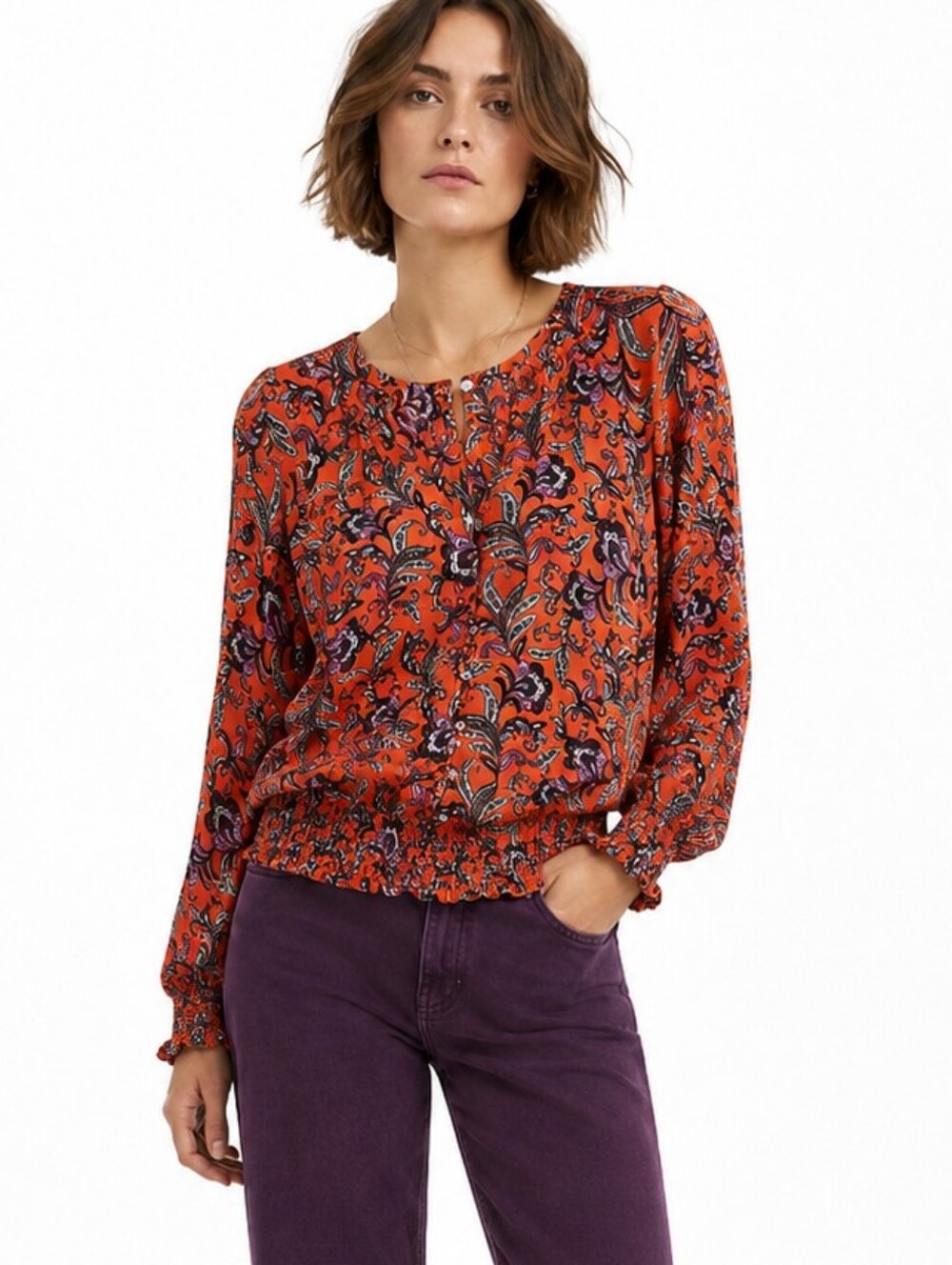 J. Jill Blouse Paisley Orange And Eggplant Print Smocked Hemline